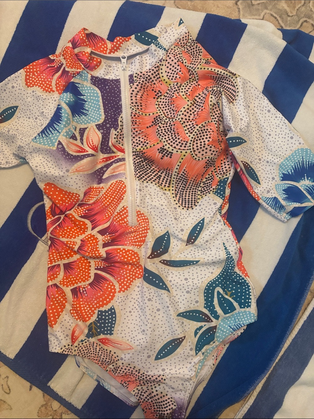 Floral One-Piece Zip-Front Rash Guard Swimsuit - White with Coral & Teal